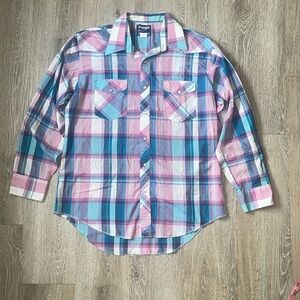 Vintage Wrangler snap Pearl button down long sleeve cowboy cut plaid western